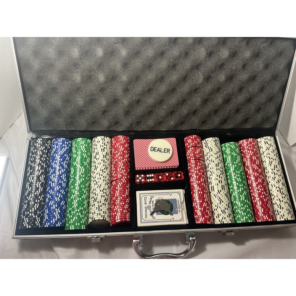 Used Piece Poker Chip Set with Aluminum Case Bee Playing Cards Dice Dealer Butto - Picture 11 of 11